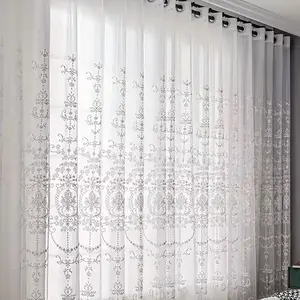 European Style Floral Embroidered Sheer Curtains, Polyester Material, Rod Pocket, Bedroom and Living Room Decor, Versatile Use