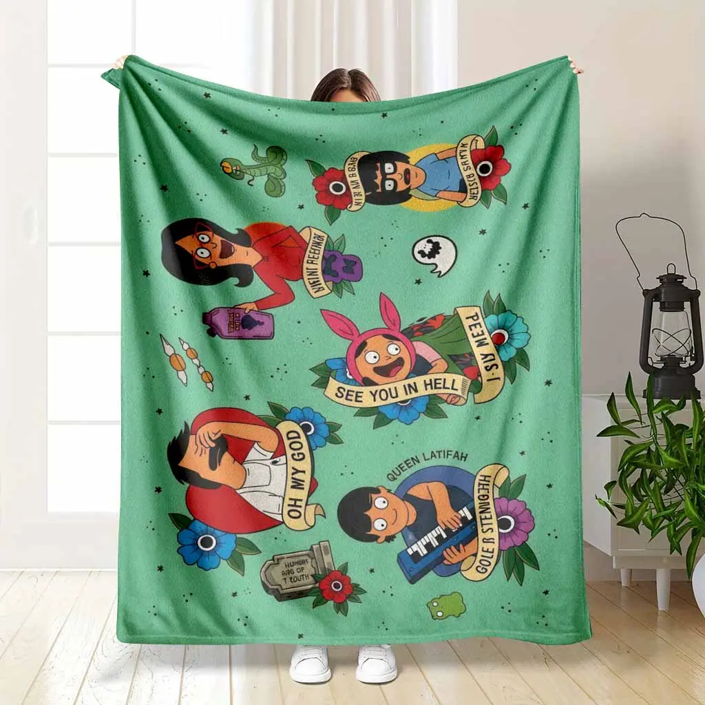 Bob's Burgers Flannel Blanket Traditional Tattoo Art Style Print Belcher Family Louise See You In Hell Tina Gene Linda Characters Soft Warm Fuzzy Throw Perfect for Bedroom Sofa Dorm Funny Gift