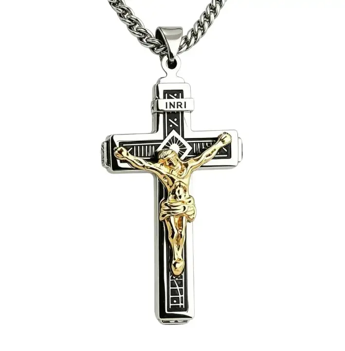 Men Two Tone Gold Silver Crucifix Cross Pendant Necklace, Stainless Steel Engraved Bible Verse Pendant, Durable Tarnish Resistant Daily Wear Jewelry Gift For Him