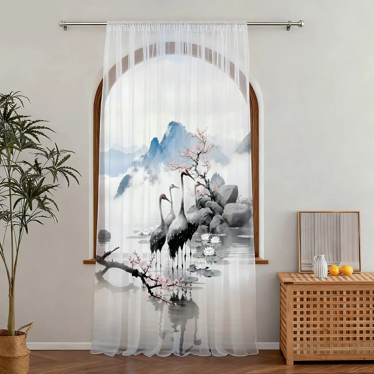 1PC black and white ink crane pattern, Chinese-style pattern retro yarn curtain, transparent yarn curtain, breathable polyester fabric, decorative rod pocket for living room and bedroom, soft and elegant vertical pattern, privacy semi-transparent yarn cur