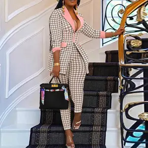 Women's Houndstooth Print Notch Neck Zipper Front Detail Corset Slit Jacket and Elastic Waist Slim Fit Trousers Suit Set