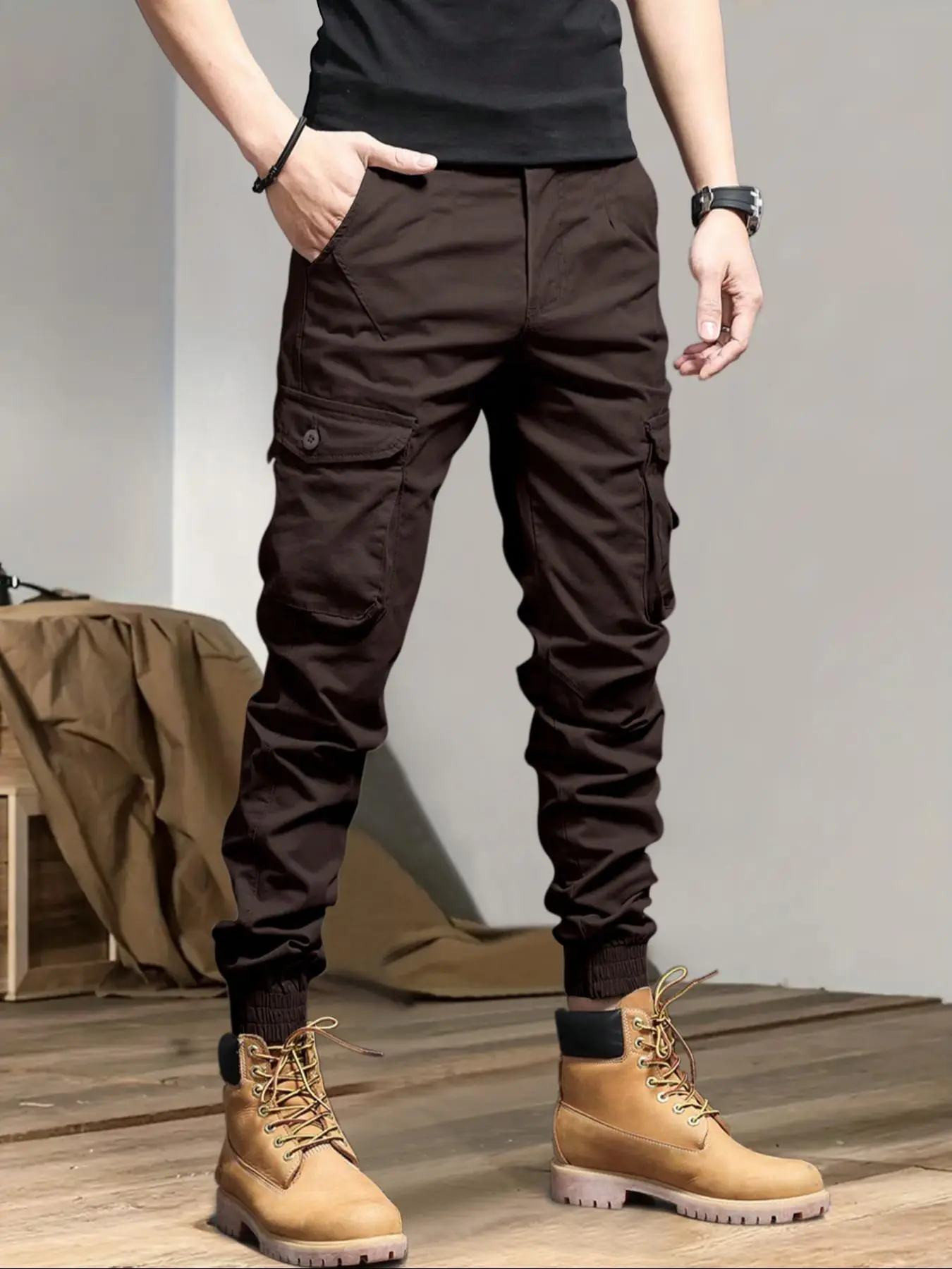 Men's Solid Drawstring Cargo Pants, Loose Casual Pocket Elastic Waist Trousers for Outdoor Wear, Men's Streetwear Bottoms for All Seasons