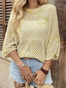 Spring & summer Bohemian Women Casual knit top, round neck, hollow-out batwing sleeves, loose fit. Contrast yellow print, lightweight. Perfect for daily, commute, vacation & beach bikini cover-up Knitwear
