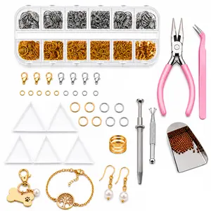 DIY Jewelry Making Kit with Jump Rings, Lobster Clasps, Jewelry Pliers, Tweezers and Bead Trays
