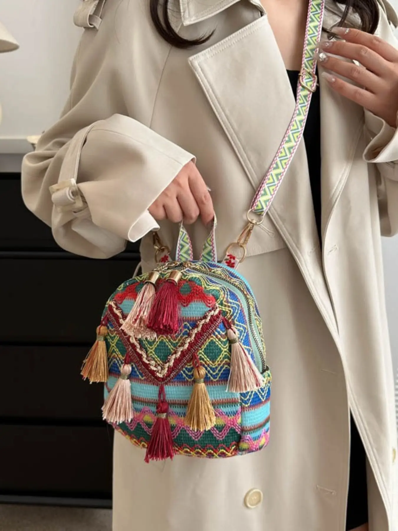 Fashionable Ethnic Style Fringe Travel Backpack for Women, Lightweight Crossbody Bag, All-Season Asian Design, Trendy and Practical