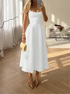 Summer wedding elegant solid color French high-end style light dress, waist-cinching slim-fit suspender dress, midi dress, khaki dress