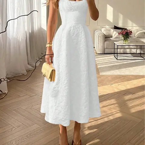 Summer Wedding Elegant Solid French Style High-End Light Dress, Waist-Cinch Slimming Camisole Midi Dress, Dress, Fit