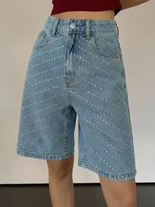Blue Summer Hot Girl Street Style Casual Versatile Starry Rhinestone Denim Jean Mid-Thigh Pants, Fitted Button Fly, Perfect for Any Occasion
