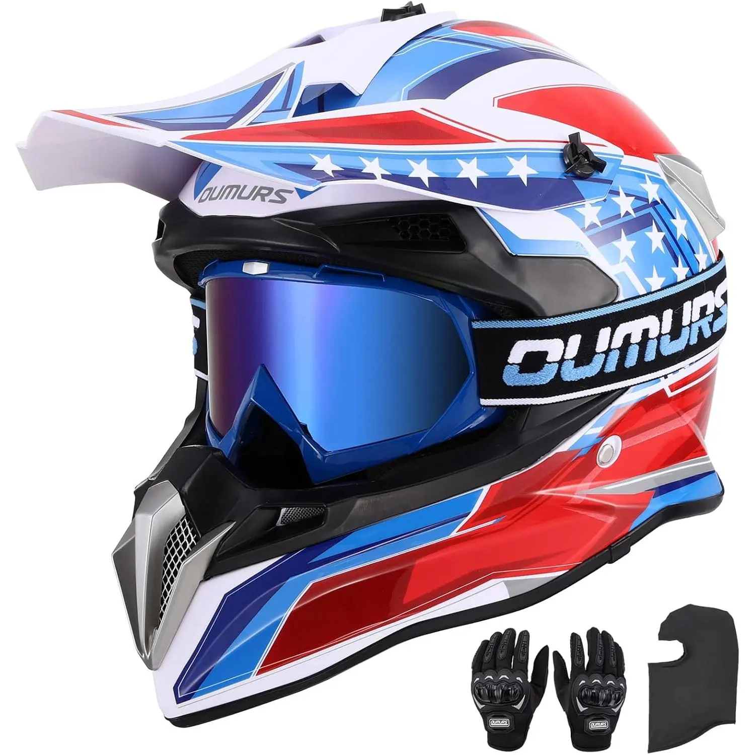 DOT Certified M Size Adult ATV Unisex Full Face UV-Resistant Motocross Helmet - ABS Shell, EPS Liner, Sun Visor, Quick-Release Buckle, Goggle Compatibility, Goggles, Gloves, Mask, for Dirt Bike Use, 188-Blue Star, BMX