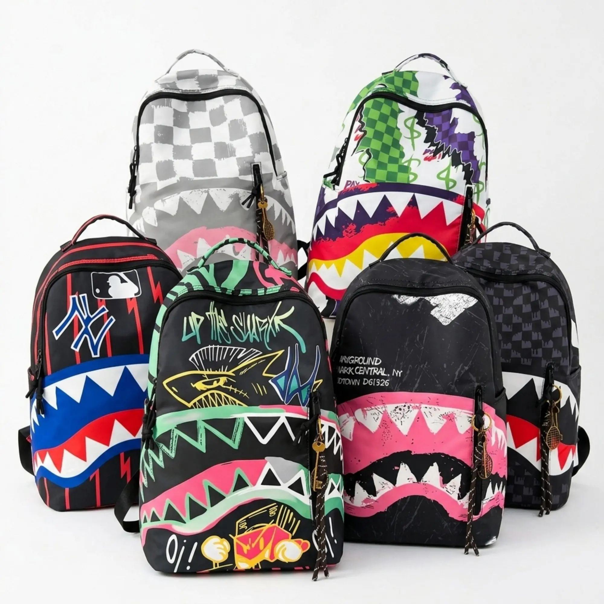 Shark Teeth Graffiti Backpack Cool Neon Streetwear School Bag Checkerboard College Bookbag Travel Daypack for Teens