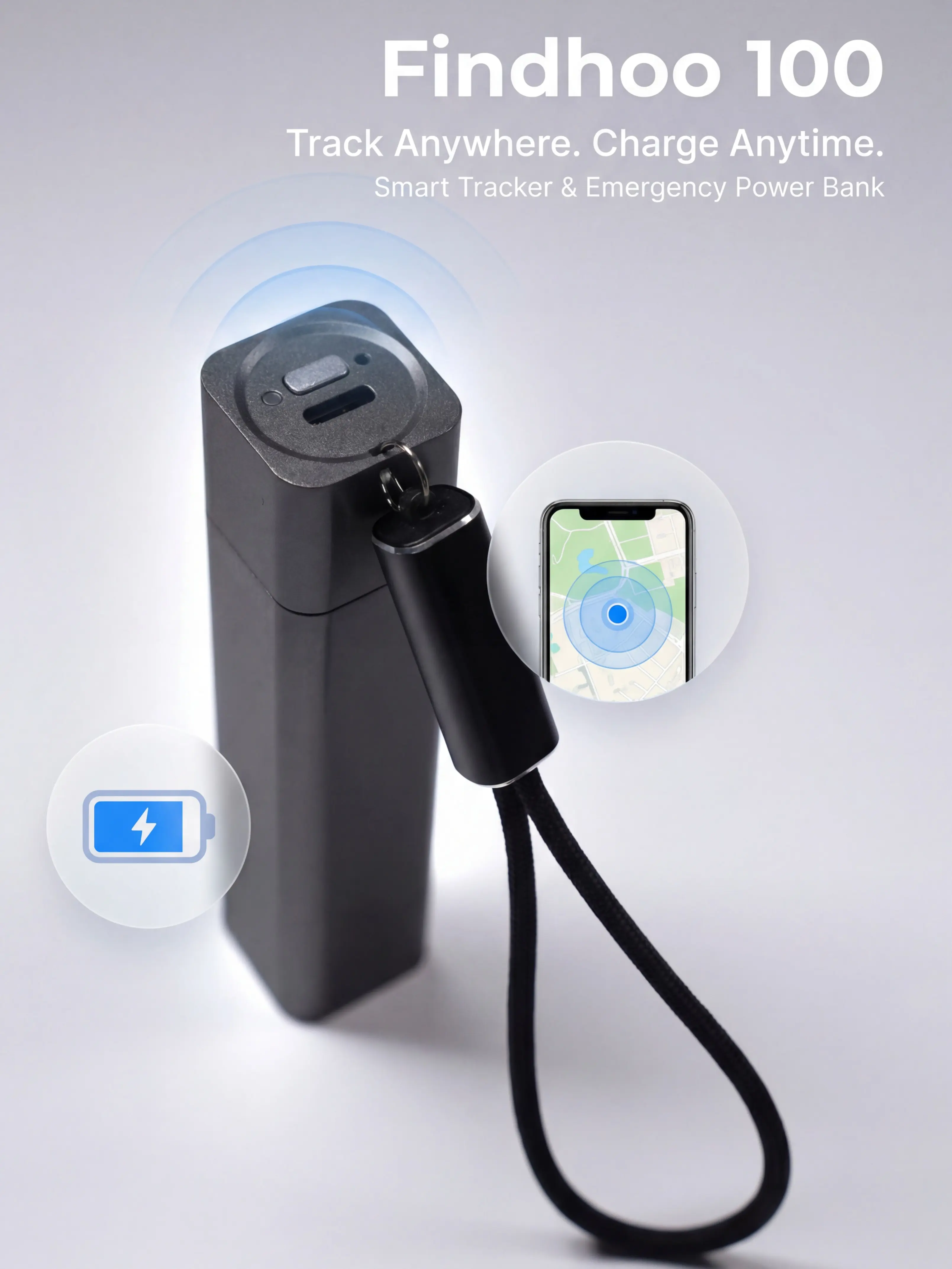 BICEEK Findhoo 100 2-in-1: Find My Tracker + 3200mAh Power Bank, Works with Apple Find My & Android Find Hub, USB-C Fast Charging, Lightweight 70g Keychain Portable Charger for Travel