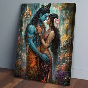 1 Piece Shiva and Parvati Goddess Hindu Wall Art, Vintage Wall Art - Large Size 11.8x15.7inch with Wooden Frame Canvas Painting, Traditional Indian Gods Decoration Suitable for Home, Office - Diwali, Wedding, New Home Spiritual Gift - Directly Hangable