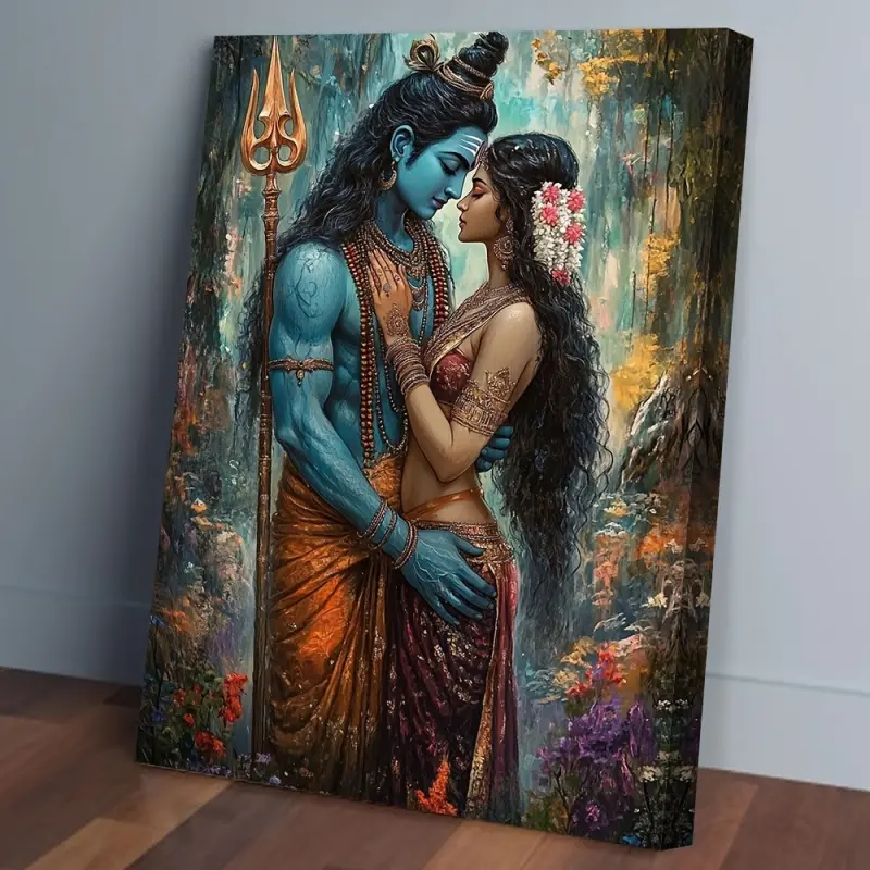 1 Piece Shiva and Parvati Goddess Hindu Wall Art, Vintage Wall Art - Large Size 11.8x15.7inch with Wooden Frame Canvas Painting, Traditional Indian Gods Decoration Suitable for Home, Office - Diwali, Wedding, New Home Spiritual Gift - Directly Hangable