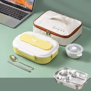 4-grid Lunch Box with Cutlery & Thermos Bag & Soup Bowl, 1 Set Portable Bento Box, Lunch Container for Adults & Children, Kitchen Accessories