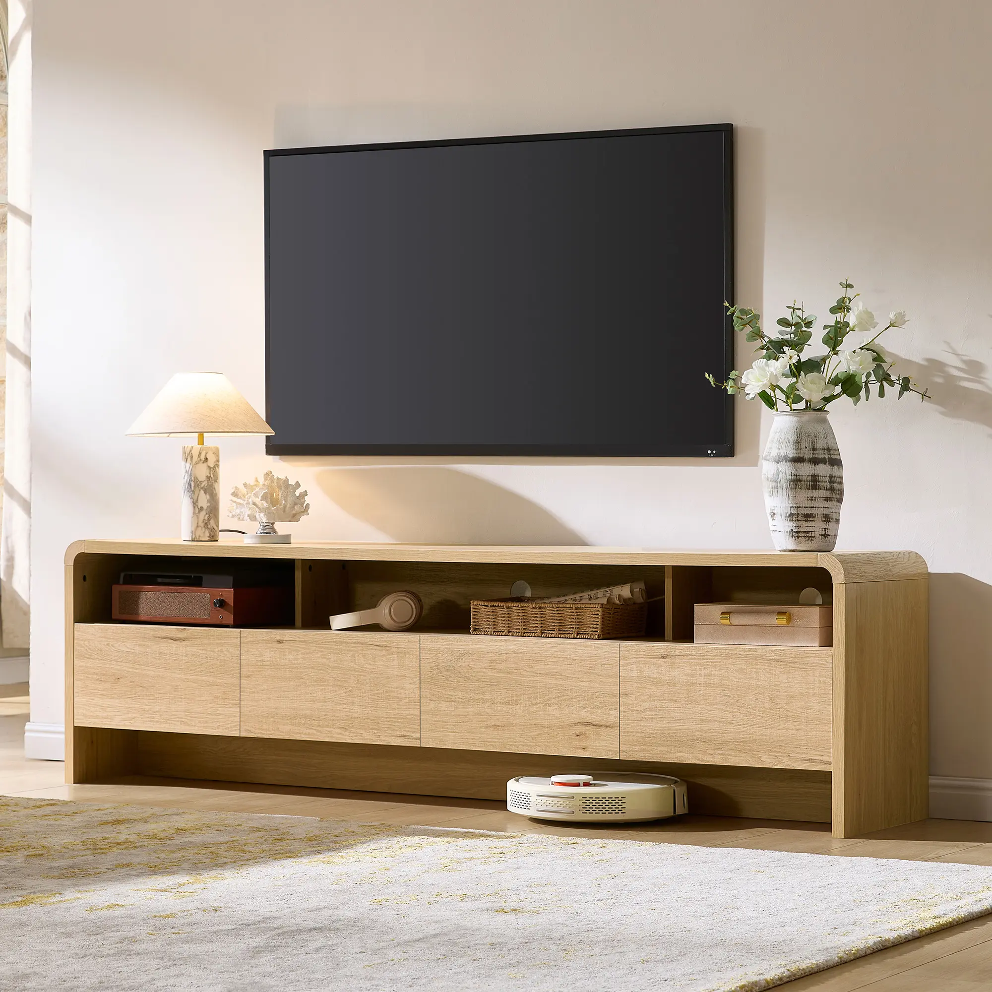 [SummerSale]AMERLIFE 70" Modern TV Stand for TVs Up to 80", Wood TV Console with Curved Profile Design & 2 Storage Cabinets, Media Console Entertainment Center for Living Room, Bedroom/Best Gift Ideas/Christmas Gifts
