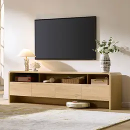 AMERLIFE 70" Modern Rectangle Wood TV Stand - Sturdy Stable Furniture for TVs Up to 80", Curved Profile Design, 2 Storage Cabinets, Assembly Required, Living Room Media Console Gift Idea