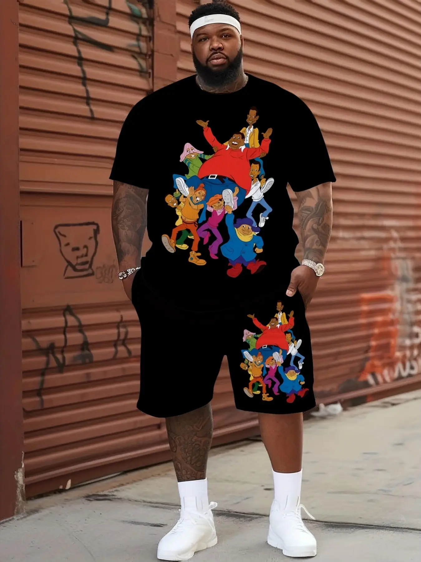 Men's Plus Size Casual Cartoon Print Graphic Tee Set, Two-Piece for All Seasons, Slim-Fitting Short Sleeve Suit