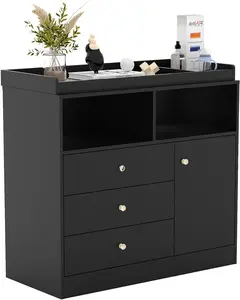 Nursery Dresser with Changing Table Top - Tall Wooden Diaper Changing Station with 2 Open Shelves, 3 Drawers, and 1 Cabinet, Ideal for Children's Room, Black