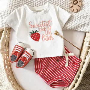 Summer Baby Clothing Strawberry Letter Crew Neck Short Sleeve + Striped Shorts Sweet Infant Breathable Comfortable Red Suit