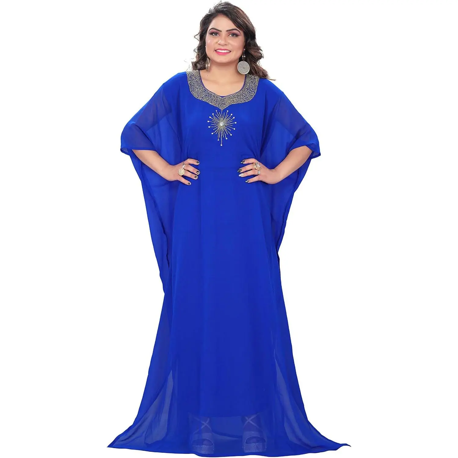 Elegant Hand-Embroidered Rhinestone & Beaded Kaftan – One Size Fits All
