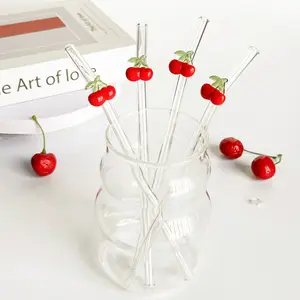 Reusable Bendable Cherry Glass Straws Set, Heat Resistant, Includes Cleaning Brush, Ideal for Cold Drinks, Coffee, Juice, Party Supplies