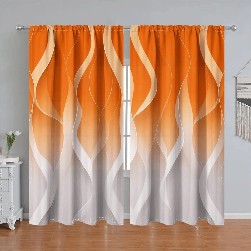 2Pcs Abstract Wave Gradient Curtain, Window Curtains, Orange White Modern Art Design, Pole Pocket Style, Semi-Sunshade Polyester Fiber, Decorative Window Panel for Living Room, Bedroom, Balcony, Kitchen, Anti-Privacy, Home Decor Curtain