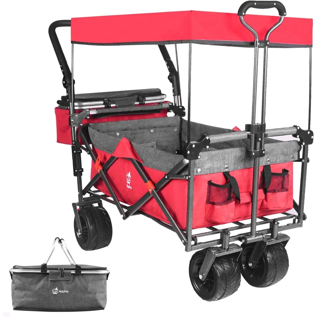 wonderfold wagons 3-in-1 All-Terrain Foldable Stroller Wagon for 2 Kids, Outdoor Stuff for Kids, with Removable Canopy, Mosquito Net, Snack Tray, Cup Holders, Storage Basket, Adjustable Push-Pull Handle, Footwell, for Beach Use#Summervibes