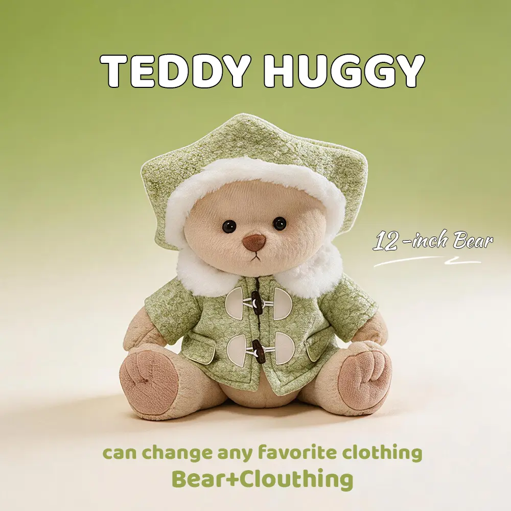 12in Soft Plush Stuffed Teddy Huggy Toy with Movable Joints - Unisex Cute Collectibles, Playful 2-Piece Green Hexagon Beret Outfit Set, Soft Textures - Perfect Gift for Kids