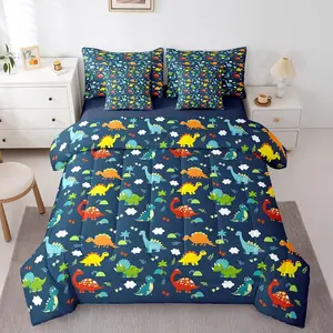 Dinosaur 7 Pcs Comforter Set,Cartoon Dinosaur Sheet Set,Colorful Vehicle Bed Set for Kids