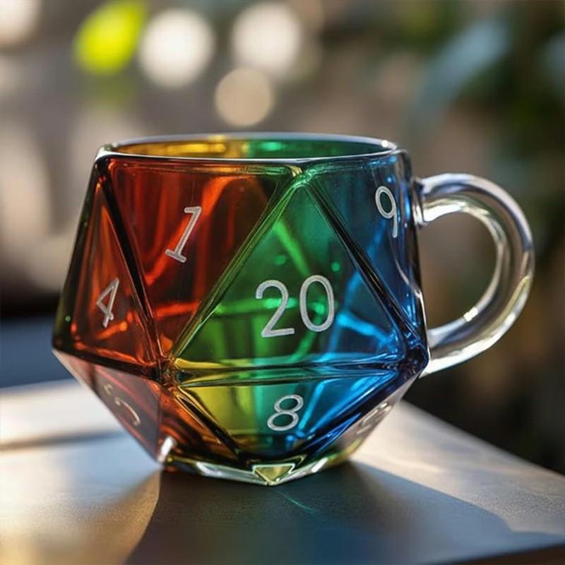 D20 Dice Glass Cup | Perfect for Game Nights, Birthdays & DnD Parties . 2026 Unique Rainbow Dice Mug, Multi-Sided Coffee Cup, Vibrant Rainbow Colors, Perfect for Gamers and Collectors, Creative Gift Idea