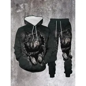[Stylish Cool |   Men's 3D] Stylish Cool |   Men's 3D Werewolf Hooded Sweatshirt Set |   Casual Fashion Polyester Two-Piece Outfit