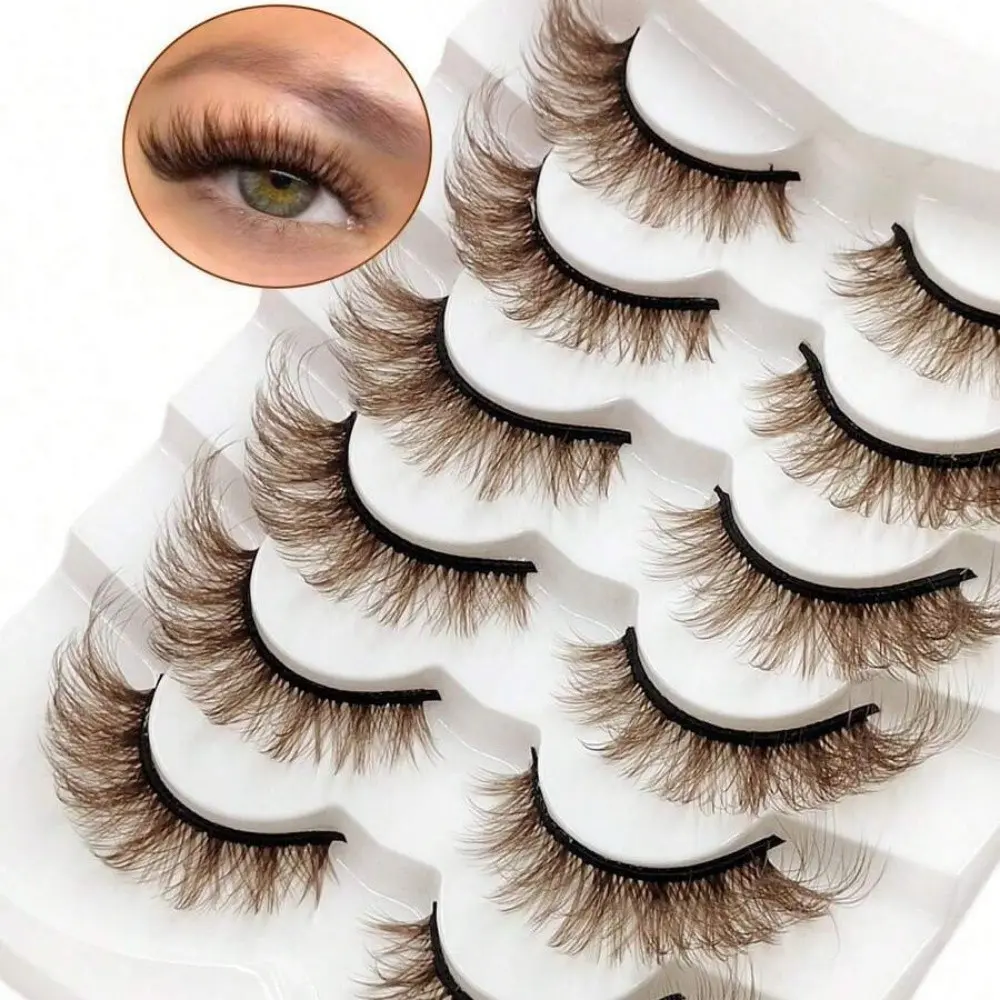 6 pairs of natural brown fake eyelashes, fashionable 3D Japanese cosplay, faux mink fur, dramatic anime eyelashes, Dramatic Volume Eyelash, Cosmetic, Flare Lashes, D Curl Eyelashes, Volumized False Eyelashes, Volume Fluffy Lashes