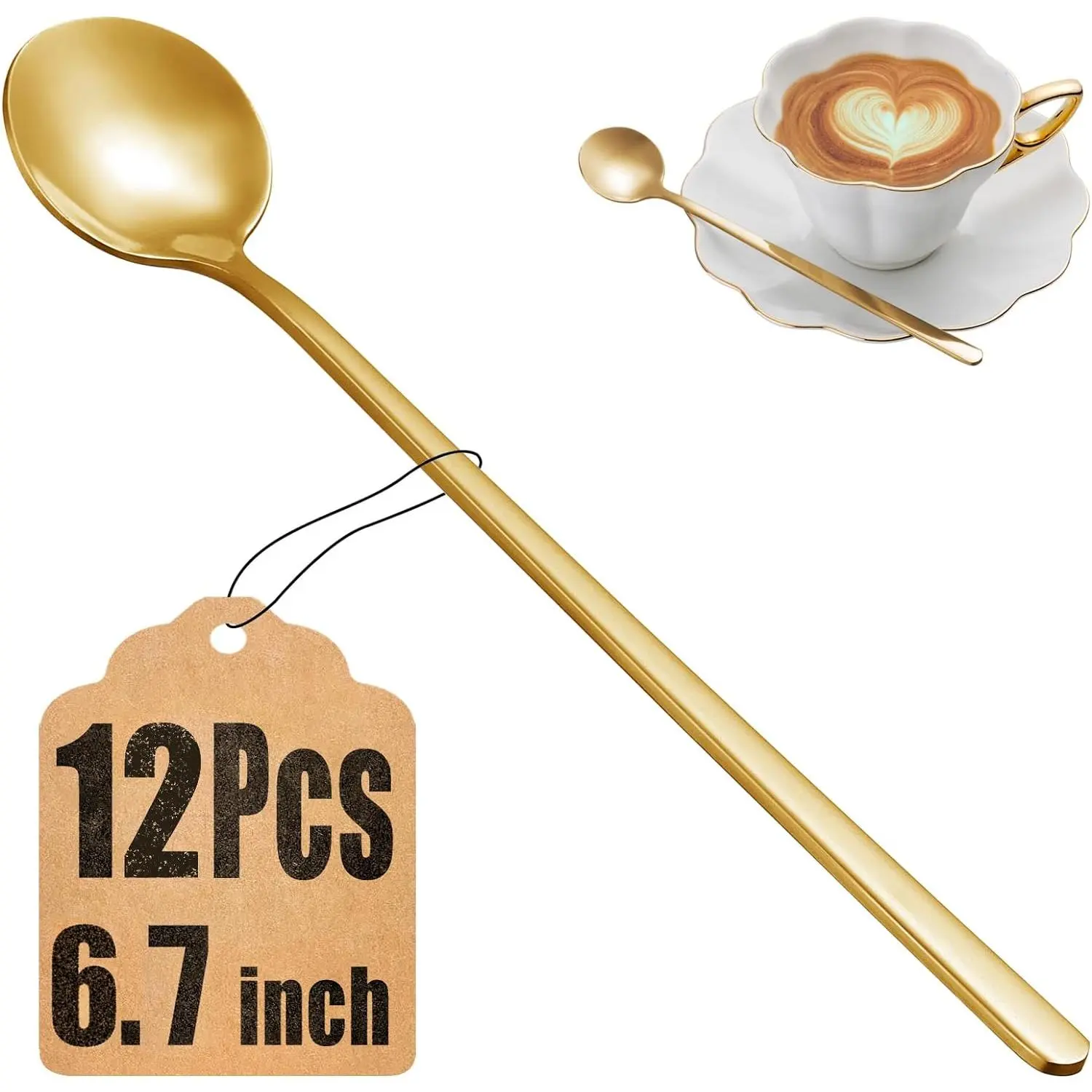 12 Coffee Spoons Set, 6.7" Gold Tea Spoons Long Handle, Gold Small Teaspoons, Stainless Steel Espresso Spoon, Long Spoon for Stirring, Coffee Bar Accessories