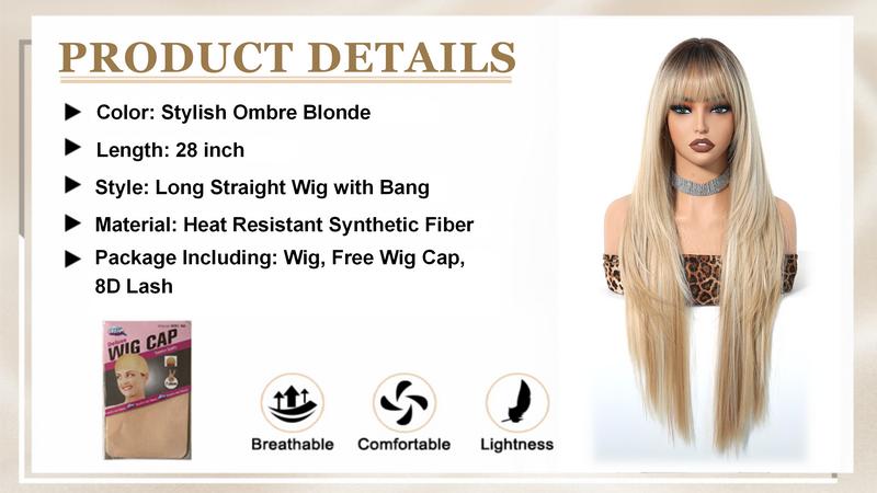 Long Straight Wig With Bangs 28inch Straight Black Wig Synthetic Heat Resistant Fiber Wig for Daily&Party everyday wear Curly Ponytail Extension Clip Tousled Updo Hair Bun Set