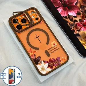 Pink Floral Cross MagSafe Shockproof Phone Case with Camera Foldable Stand, Magnetic Anti-Scratch Cover Compatible for iPhone 17 Pro Max/16/15 & Samsung Galaxy Series Models, Come with 2 Pcs Free Tempered Glass Screen Protector Full Coverage, Accessories,