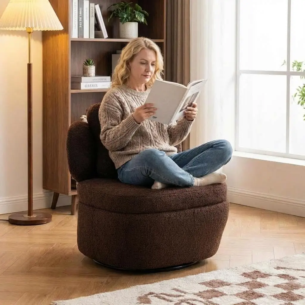Garvee Teddy Swivel Cuddle Chair, Round Swivel Accent Chair with 360° Rotating Metal Base, Comfy Upholstered Boucle Reading Armchair, Leisure Single Sofa for Living Room Bedroom - Coffee