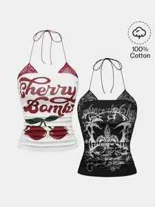 Womens Spring Summer 2 Piece Set – Vintage Cherry Print & Punk Floral Lace Halter Neck Top Outfit