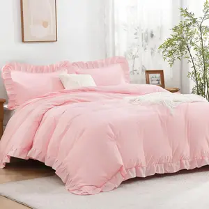 Pink Ruffle Duvet Cover Queen(90x90Inch), 3 Pieces Soft Blush Washed Vintage Farmhouse Ruffled Duvet Cover Set with Zipper Closure & Corner Ties