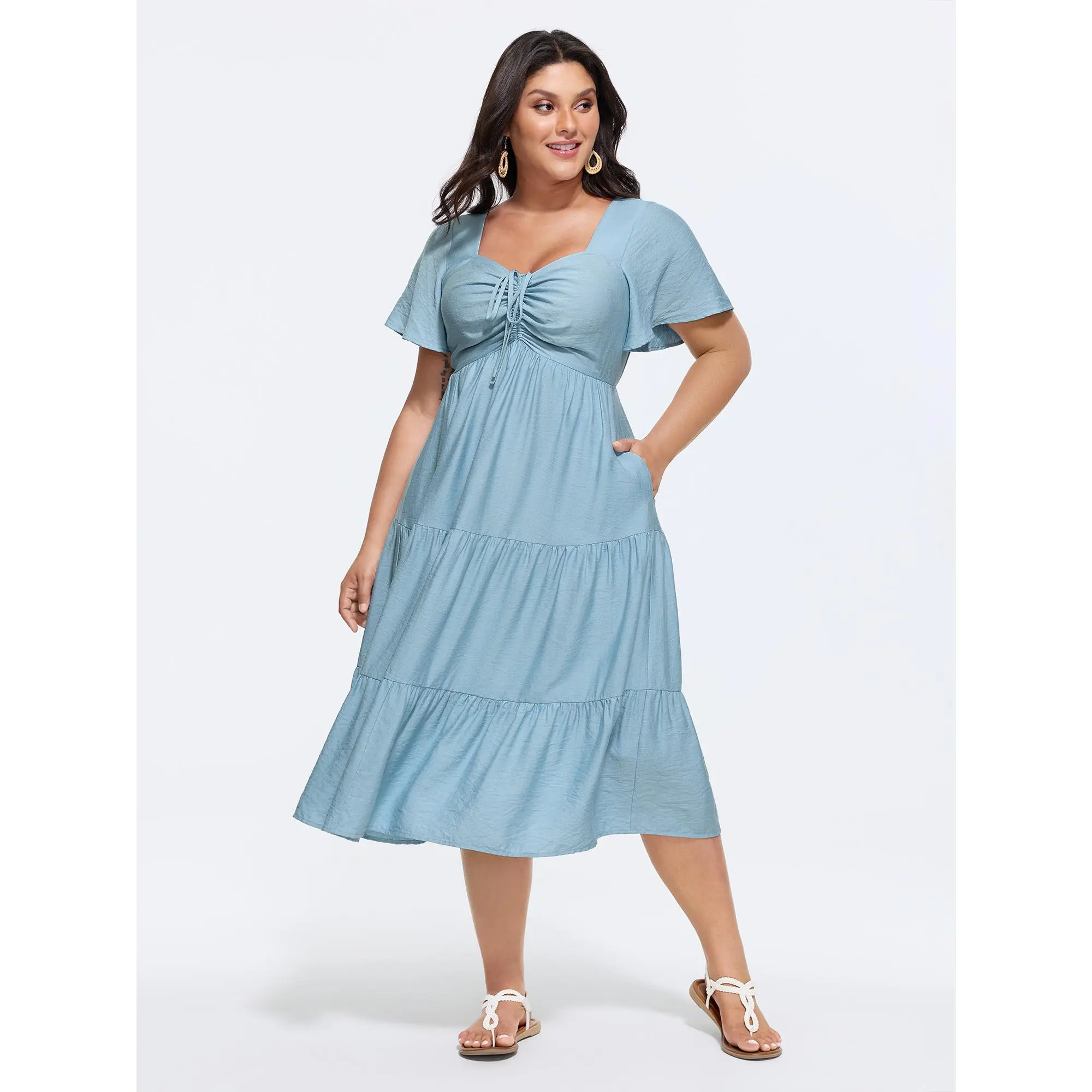 BloomChic Lady's Plus-Size Short-Sleeve Light Nylon Garment Casual Dress - Smooth Fit, Sweetheart Neck, Drawstring, Pocket, Tiered, Curvy, Low Iron, M-6X, Summer Finds, Shortsleeve, Flutter Sleeve, Ready To Wear, Rayon/Nylon, Cold Wash, Solid, Do Not Tumb
