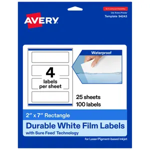 Avery Durable Waterproof Rectangle Labels with Sure Feed, 2" x 7"