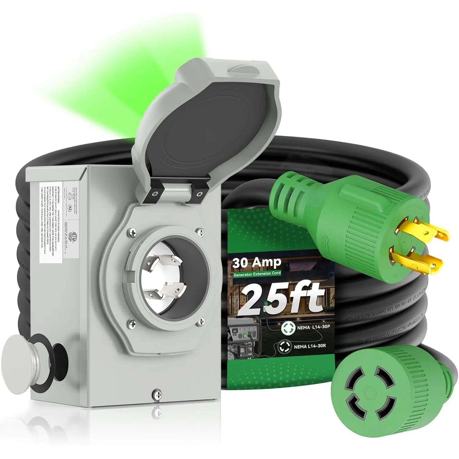 30 Amp Generator Cord 25FT and Power Inlet Box, Pre-Drilled 30 Amp Generator Inlet Box with Cord, NEMA L14-30P to L14-30R Generator Cord  Combo Kit, ETL Listed