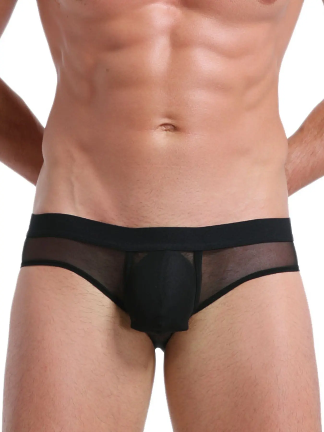 1Pc Men's Solid Color Mesh Briefs Underwear, Waist Brief, Contrast Trim & Large U-Pouch, Semi-Sheer Breathable, Slim & Comfortable, For Sports, Party & Daily Wear