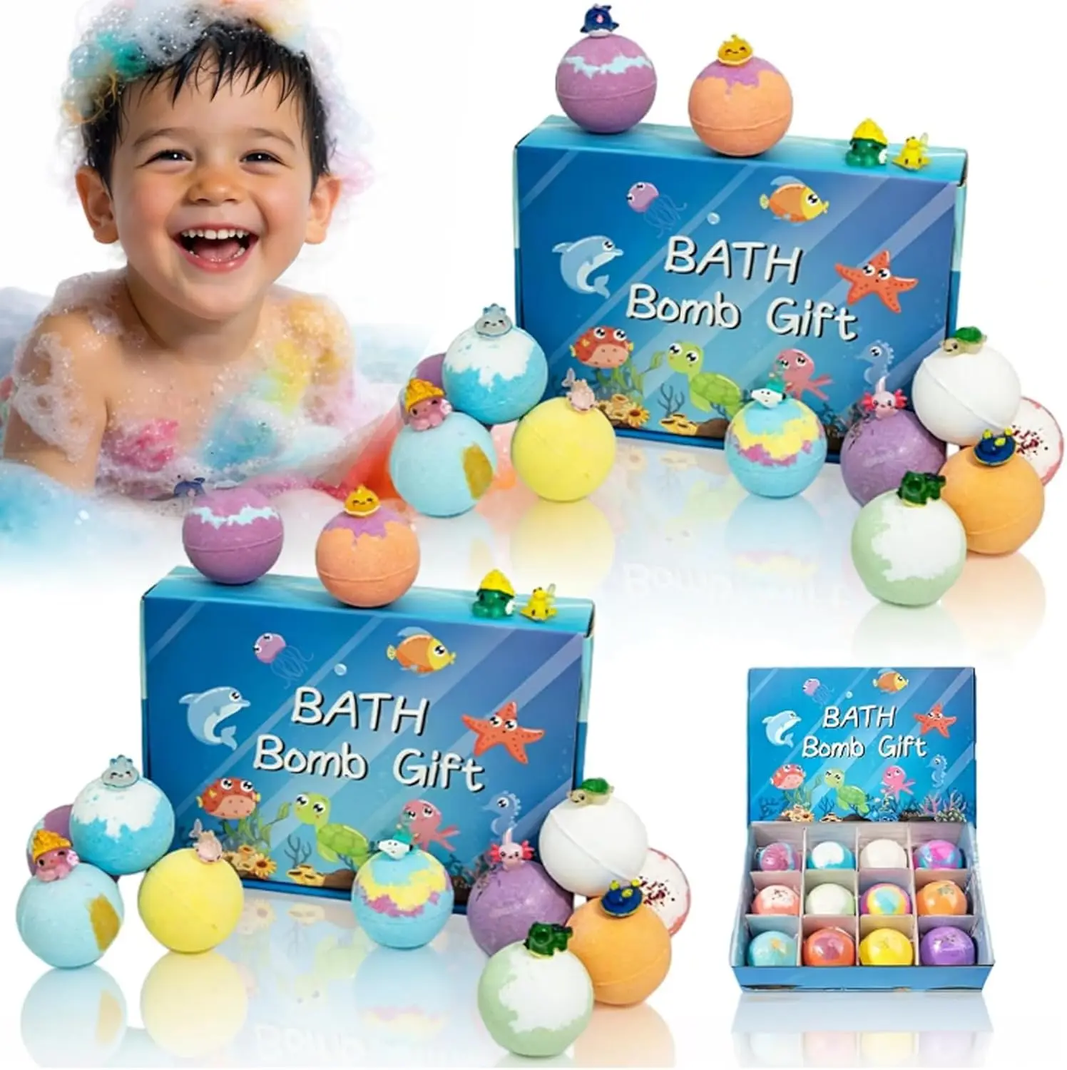 12 Pack Natural Bath Bombs Bulk Set - Body Care Gift with Mega Bubbles, Surprise Animal Inside, Soothing, Gentle, Moisturizing, Skin-Friendly - Easter Gifts, Birthday Present