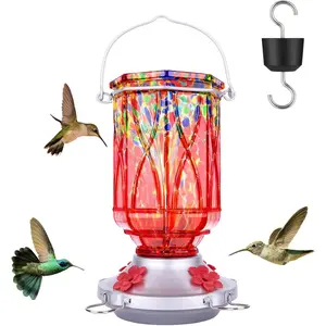 XAROO Hand-Blown Glass Hummingbird Feeder Ant Moat + Bee Guard | 4 Perch Ports | Red, Blue, Orange | Perfect Garden Gift