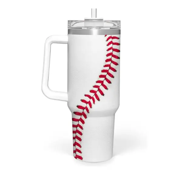 Baseball Tumbler 40oz with Handle and Straw Lid, Insulated Stainless Steel Travel Mug, Baseball Stitch Print Design, Sports Gift for Baseball Lovers, Personalized Tumbler Cup for Men Women Kids