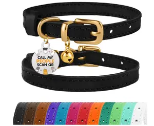 BRONZEDOG Leather Cat Collar with Removable Bells Non Breakaway Kitten QR Tag for Girl Boy (9" - 12" Cats/Mini Dogs, Black & Gold)