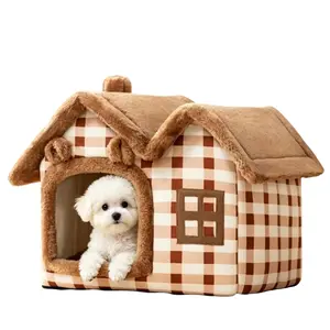 Removable Roof Plush Pet House – Cozy & Comfortable Home for Cats and Dogs – Soft, Insulated, and Easy to Clean – Available in Gray & Brown (Sizes S, M, L)