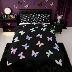 Butterfly Comforter Set,Girls Pink Purple Butterflies Bedding Set,Kids Teens Women Adults Bedroom Black Comforter,Watercolor Aesthetic Duvet