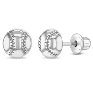 Polished Baseball Kids / Children's / Girls Earrings Screw Back - Sterling Silver