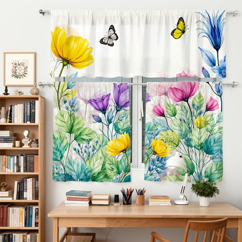 3pcs Kitchen Curtains with Colorful Floral and Butterfly Patterns |   Designed for Rod Pocket Hanging, Modern Art Print, Light-filtering Polyester, Excludes Rod, Available in Multiple Sizes